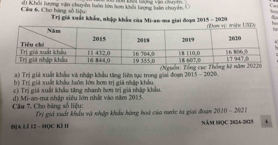 Tôn nôn khổi lượng vận chuyên.
d) Khối lượng vận chuyển luôn lớn hơn khối lượng luân chuyển.
Cao
Câu 6. Cho bảng số liệu: huy
Trị giá xuất khẩu, nhập khẩu của Mi-an-ma giai đoạn 2015 − 2020
dja
ho
r
a
b
C
(Nguồn: Tổ
a) Trị giá xuất khầu và nhập khẩu tăng liên tục trong giai đoạn 2015 - 2020.
b) Trị giá xuất khẩu luôn lớn hơn trị giá nhập khẩu.
c) Trị giá xuất khẩu tăng nhanh hơn trị giá nhập khẩu.
d) Mi-an-ma nhập siêu lớn nhất vào năm 2015.
Câu 7. Cho bảng số liệu:
Trị giá xuất khẩu và nhập khẩu hàng hoá của nước ta giai đoạn 2010-2021 
địa lí 12 - học kì II NăM HQC 2024-2025 A