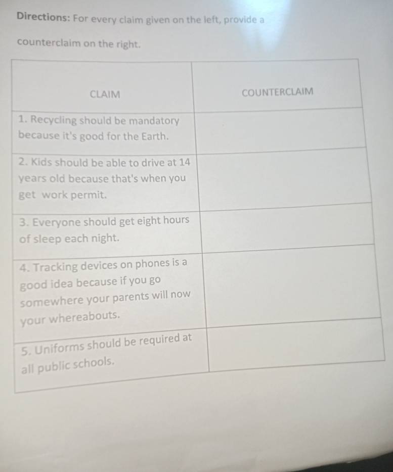 Directions: For every claim given on the left, provide a 
counterclaim on the right. 
2