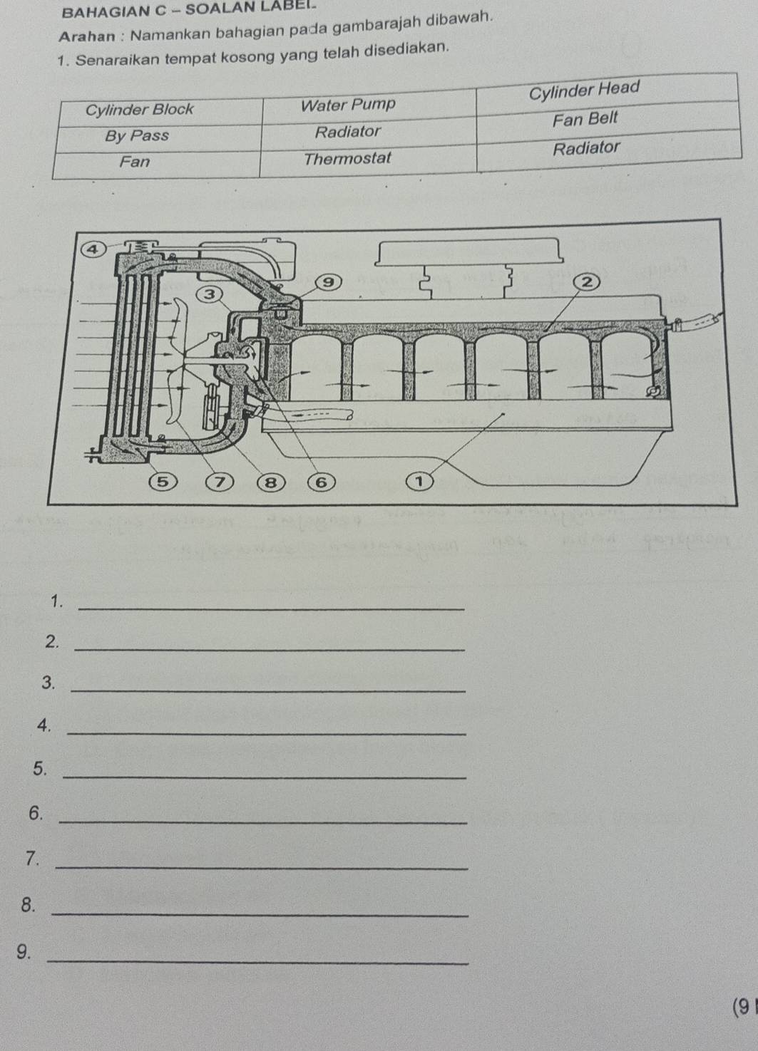 BAHAGIAN C - SOALAN LABEL 
Arahan : Namankan bahagian pada gambarajah dibawah. 
1. Senaraikan tempat kosong yang telah disediakan. 
1._ 
2._ 
3._ 
4._ 
5._ 
6._ 
7._ 
8._ 
9._ 
(9