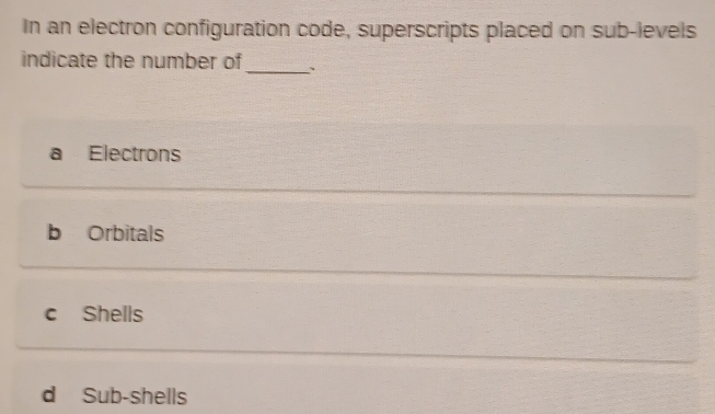Solved: In an electron configuration code, superscripts placed on sub ...