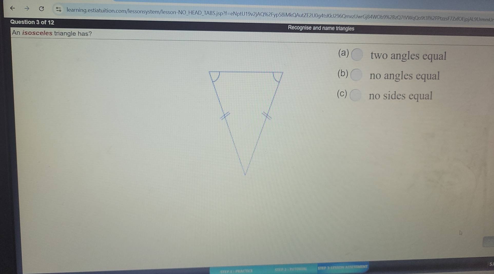 Recognise and name triangles
An isosceles triangle has?
(a) bigcirc two angles equal
(b) bigcirc no angles equal
(c) bigcirc no sides equal