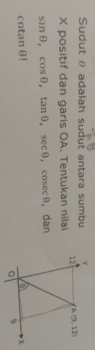 Sudut θ adalah sudut antara sumbu
X positif dan garis OA. Tentukan nilai
sin θ ,cos θ ,tan θ ,sec θ ,cosec θ ,dan
cot an θ!