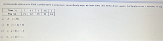 Daniela works after school. Each day she earns a set amount, plus an hourly wage, as shown in the table. Write a linear equation that Damela can use to determns her pay
A y=25x
o y=14x+25
C y=11x+14
D y=14x+11