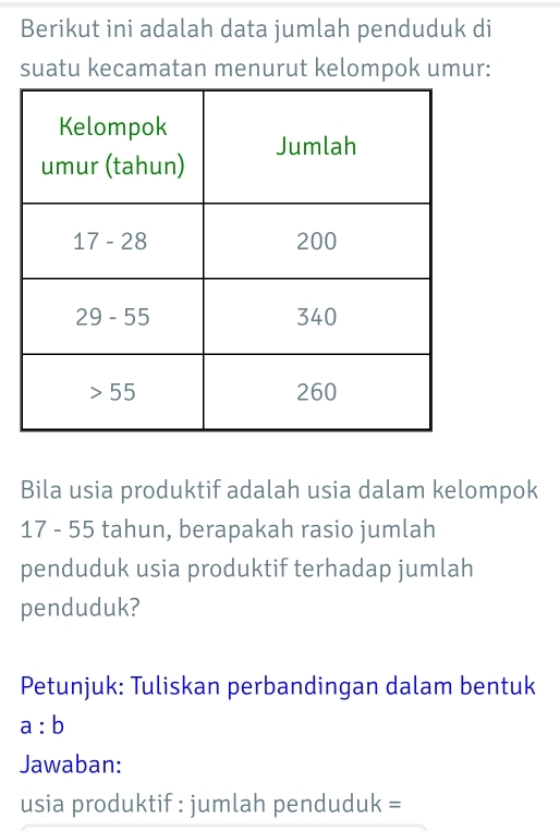 Berikut ini adalah data jumlah penduduk di
suatu kecamatan menurut kelompok umur:
Bila usia produktif adalah usia dalam kelompok
17 - 55 tahun, berapakah rasio jumlah
penduduk usia produktif terhadap jumlah
penduduk?
Petunjuk: Tuliskan perbandingan dalam bentuk
a:b
Jawaban:
usia produktif : jumlah penduduk =