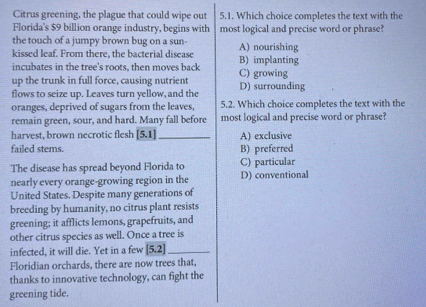 Citrus greening, the plague that could wipe out 5.1. Which choice completes the text with the
Florida's $9 billion orange industry, begins with most logical and precise word or phrase?
the touch of a jumpy brown bug on a sun-
kissed leaf. From there, the bacterial disease A) nourishing
incubates in the tree's roots, then moves back C) growing B) implanting
up the trunk in full force, causing nutrient
flows to seize up. Leaves turn yellow, and the D) surrounding
oranges, deprived of sugars from the leaves, 5.2. Which choice completes the text with the
remain green, sour, and hard. Many fall before most logical and precise word or phrase?
harvest, brown necrotic flesh [5.1] _A) exclusive
failed stems. B) preferred
The disease has spread beyond Florida to C) particular
nearly every orange-growing region in the D) conventional
United States. Despite many generations of
breeding by humanity, no citrus plant resists
greening; it afflicts lemons, grapefruits, and
other citrus species as well. Once a tree is
infected, it will die. Yet in a few [5.2] _
Floridian orchards, there are now trees that,
thanks to innovative technology, can fight the
greening tide.