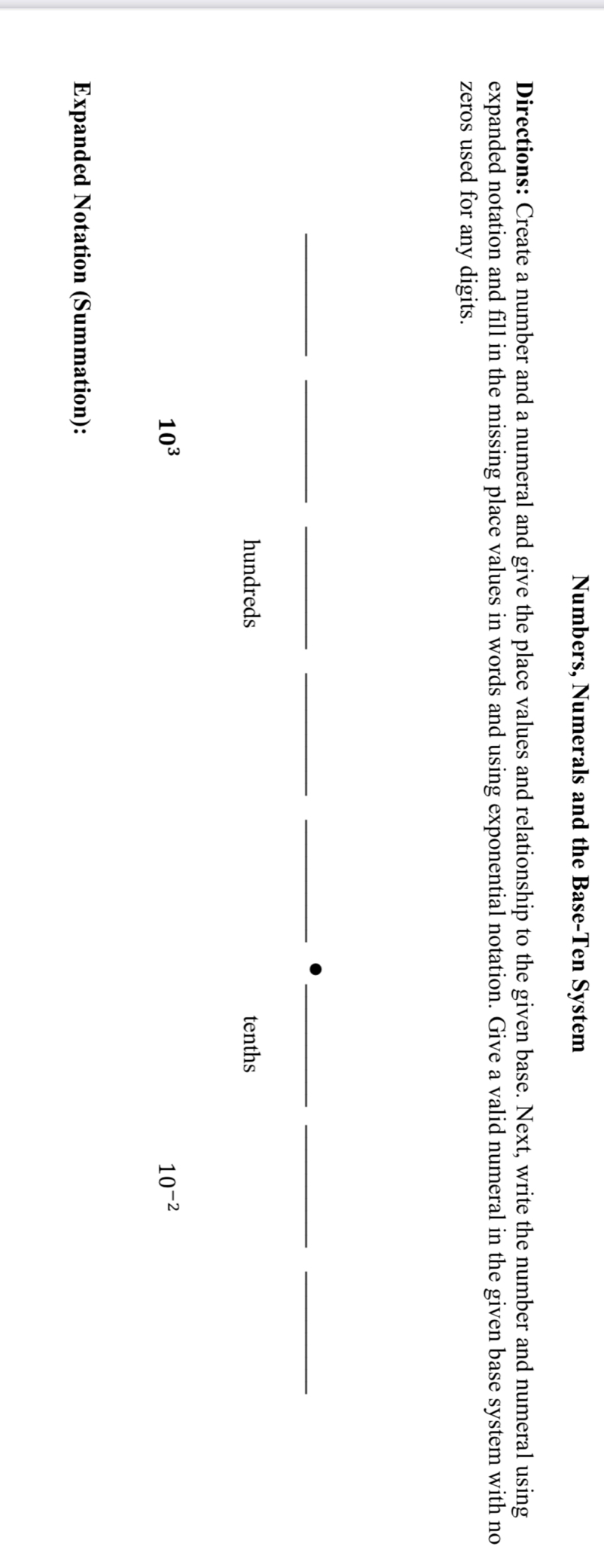 Numbers, Numerals and the Base-Ten System 
Directions: Create a number and a numeral and give the place values and relationship to the given base. Next, write the number and numeral using 
expanded notation and fill in the missing place values in words and using exponential notation. Give a valid numeral in the given base system with no 
zeros used for any digits. 
_ 
_ 
__ 
_ 
__ 
hundreds tenths
10^3
10^(-2)
Expanded Notation (Summation):