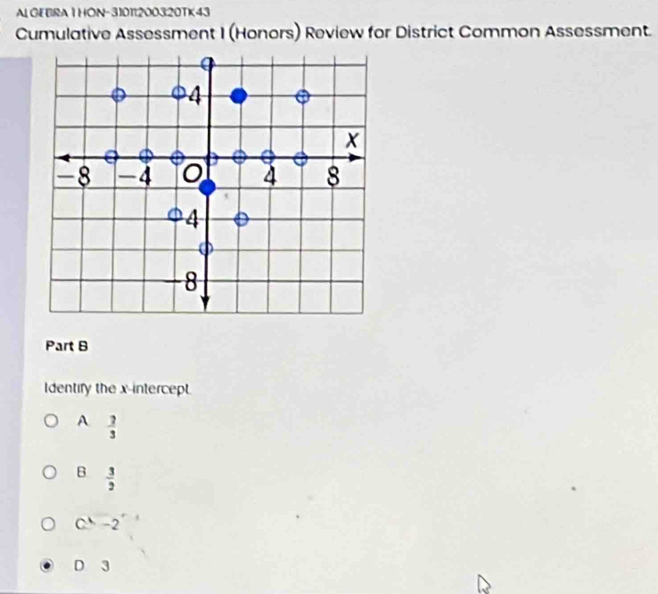 ALOEBRA1 HON-31011200320TK43
Cumulative Assessment I (Honors) Review for District Common Assessment.
Part B
Identify the x-intercept.
A  7/3 
B  3/2 
C −2
D 3