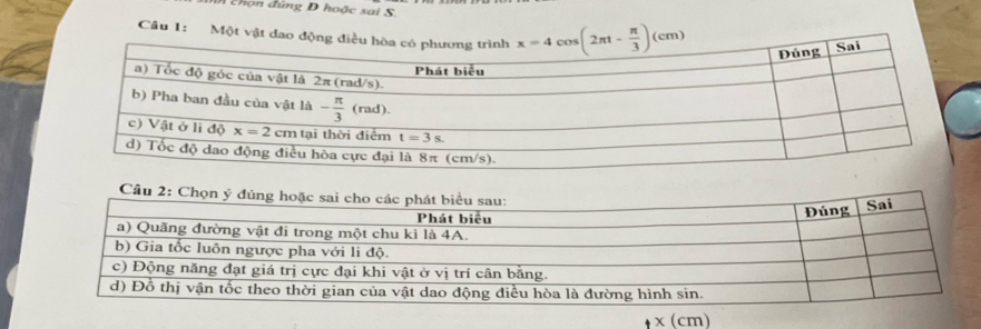 chọn đúng D hoặc sai S.
Câu 1: Một vật dao
4* (cm)