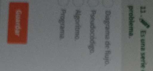 11 . Es una serie 
problema. 
Diagrama de flujo. 
Pseudocodigo. 
Algoritmo. 
Programa. 
Guardar