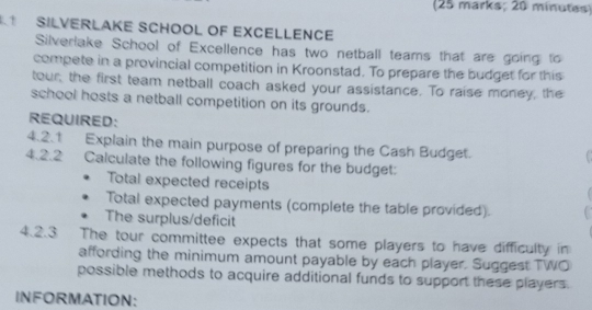 (25 marks; 20 minutes) 
SiLVeRLAKE SCHOOL oF EXCeLLenCe 
Silverlake School of Excellence has two netball teams that are going to 
compete in a provincial competition in Kroonstad. To prepare the budget for this 
tour, the first team netball coach asked your assistance. To raise money, the 
school hosts a netball competition on its grounds. 
REQUIRED: 
4.2.1 Explain the main purpose of preparing the Cash Budget. 
4.2.2 Calculate the following figures for the budget: 
Total expected receipts 
Total expected payments (complete the table provided). 
The surplus/deficit 
4.2.3 The tour committee expects that some players to have difficulty in 
affording the minimum amount payable by each player. Suggest TWO 
possible methods to acquire additional funds to support these players. 
INFORMATION: