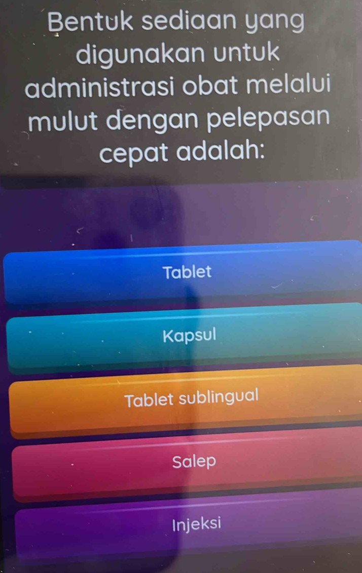 Bentuk sediaan yang
digunakan untuk
administrasi obat melalui
mulut dengan pelepasan
cepat adalah:
Tablet
Kapsul
Tablet sublingual
Salep
Injeksi