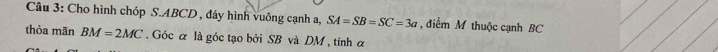 Cho hình chóp S. ABCD , đáy hình vuống cạnh a, SA=SB=SC=3a , điểm M thuộc cạnh BC
thỏa mãn BM=2MC. Góc α là góc tạo bởi SB và DM , tính ơ