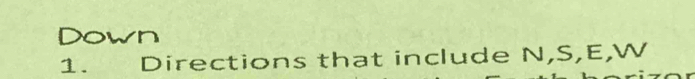 Down 
1. Directions that include N, S, E,W