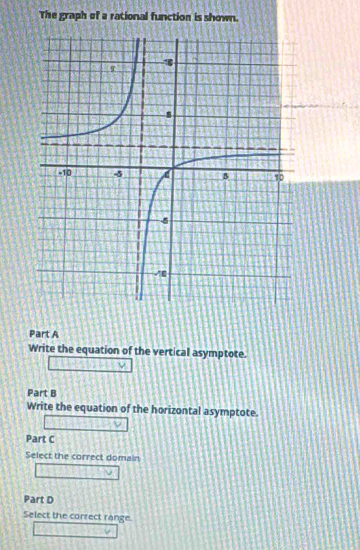 The graph of a rational function is shown. 
Part A 
Write the equation of the vertical asymptote. 
Part B 
Write the equation of the horizontal asymptote. 
Part C 
Select the correct domain 
Part D 
Select the correct range.