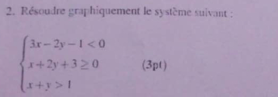 Résoudre graphiquement le système suivant :
beginarrayl 3x-2y-1<0 x+2y+3≥ 0 x+y>1endarray. (3pt)