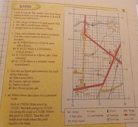 Activities
Look at map D. The 'tenths' lines have been 
added to help you with questions 1, 2 and 3
Check your references . . .
The village of Eldon is in grid square 1623.
The Mill is at reference 166256.
Dingle Farm is at reference 170238. 
Copy and complete the sentences below.
Use the correct answer from the 
brackets.
a) At 168245 there is a (church, post
office, ffarm).
b) At 165257 there is a (telephone,
school, bridge).
c) At 175233 there is a (farm, lake, level 
crossing).
d) At 177244 there is a (station, wood,
roundabout).
2 Give the six figure grid reference for each 
of the following:
a) Eldon post office
b) Causey railway station
c) Padley school
d) Burr Wood picnic site.
3 a) Follow these directions for a pleasant
walk: 
Start at 170238. Walk down to 
173237. Turn left and go to 177244.
Go along the road to 171248. Follow Sch. School Fm Farm Church Bridge
the path to 178257. Turn left and P Post office LC Level crossing C Teleahone Station
finish your walk when the path
reaches the road. PH Publ c housie  Picnio site --- Path