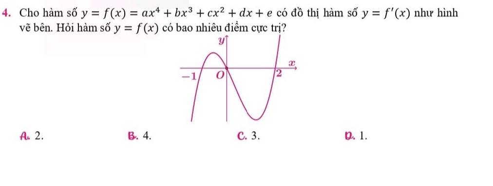 Cho hàm số y=f(x)=ax^4+bx^3+cx^2+dx+ e có đồ thị hàm số y=f'(x) như hình
vẽ bên. Hỏi hàm số y=f(x) có bao nhiêu điểm cực trị?
A. 2. B. 4. C. 3. D. 1.