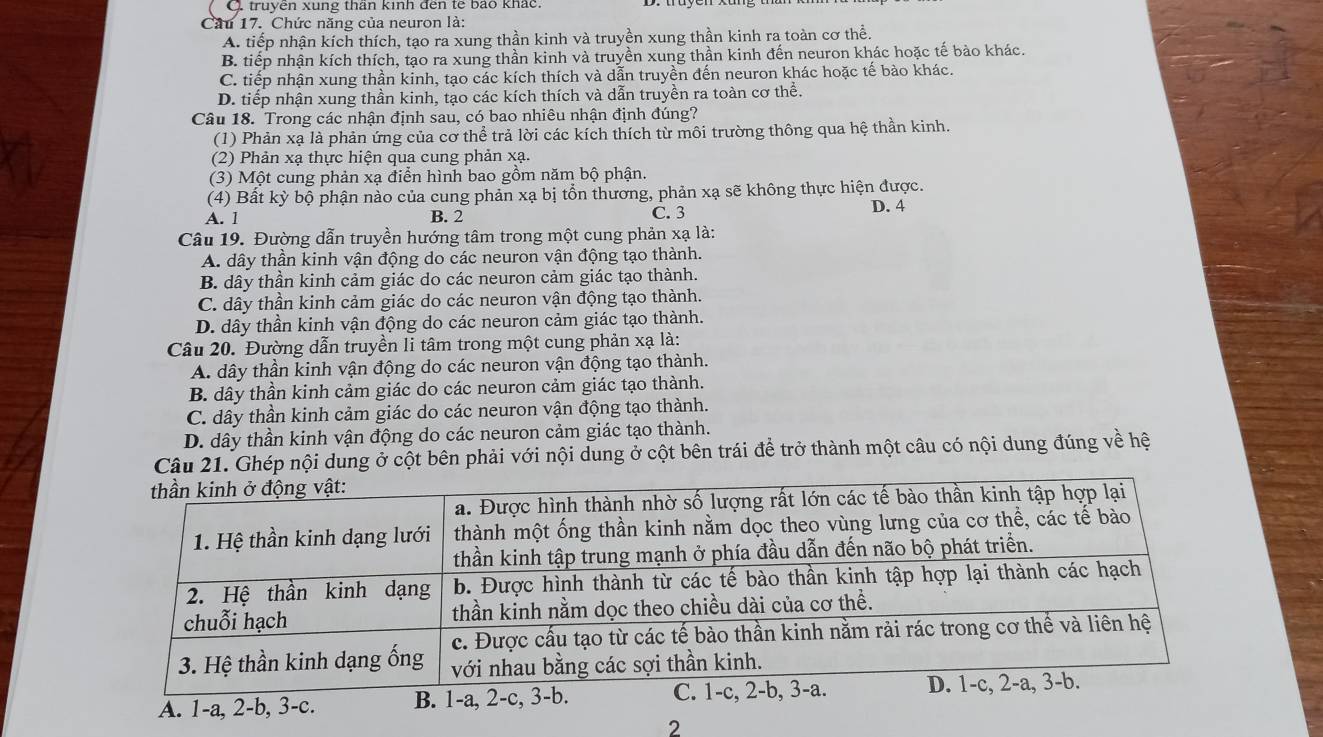 truyên xung than kinh đến tế bão khác.
Cầu 17. Chức năng của neuron là:
A. tiếp nhận kích thích, tạo ra xung thần kinh và truyền xung thần kinh ra toàn cơ thể.
B. tiếp nhận kích thích, tạo ra xung thần kinh và truyền xung thần kinh đến neuron khác hoặc tế bảo khác.
C. tiếp nhận xung thần kinh, tạo các kích thích và dẫn truyền đến neuron khác hoặc tế bào khác.
D. tiếp nhận xung thần kinh, tạo các kích thích và dẫn truyền ra toàn cơ thể.
Câu 18. Trong các nhận định sau, có bao nhiêu nhận định đúng?
(1) Phản xạ là phản ứng của cơ thể trả lời các kích thích từ môi trường thông qua hệ thần kinh.
(2) Phản xạ thực hiện qua cung phản xạ.
(3) Một cung phản xạ điển hình bao gồm năm bộ phận.
(4) Bất kỳ bộ phận nào của cung phản xạ bị tổn thương, phản xạ sẽ không thực hiện được.
A. 1 B. 2 C. 3
D. 4
Câu 19. Đường dẫn truyền hướng tâm trong một cung phản xạ là:
A. dây thần kinh vận động do các neuron vận động tạo thành.
B. dây thần kinh cảm giác do các neuron cảm giác tạo thành.
C. dây thần kinh cảm giác do các neuron vận động tạo thành.
D. dây thần kinh vận động do các neuron cảm giác tạo thành.
Câu 20. Đường dẫn truyền li tâm trong một cung phản xạ là:
A. dây thần kinh vận động do các neuron vận động tạo thành.
B. dây thần kinh cảm giác do các neuron cảm giác tạo thành.
C. dây thần kinh cảm giác do các neuron vận động tạo thành.
D. dây thần kinh vận động do các neuron cảm giác tạo thành.
Câu 21. Ghép nội dung ở cột bên phải với nội dung ở cột bên trái để trở thành một câu có nội dung đúng về hệ
A. 1-a, 2-b, 3-c. 
2