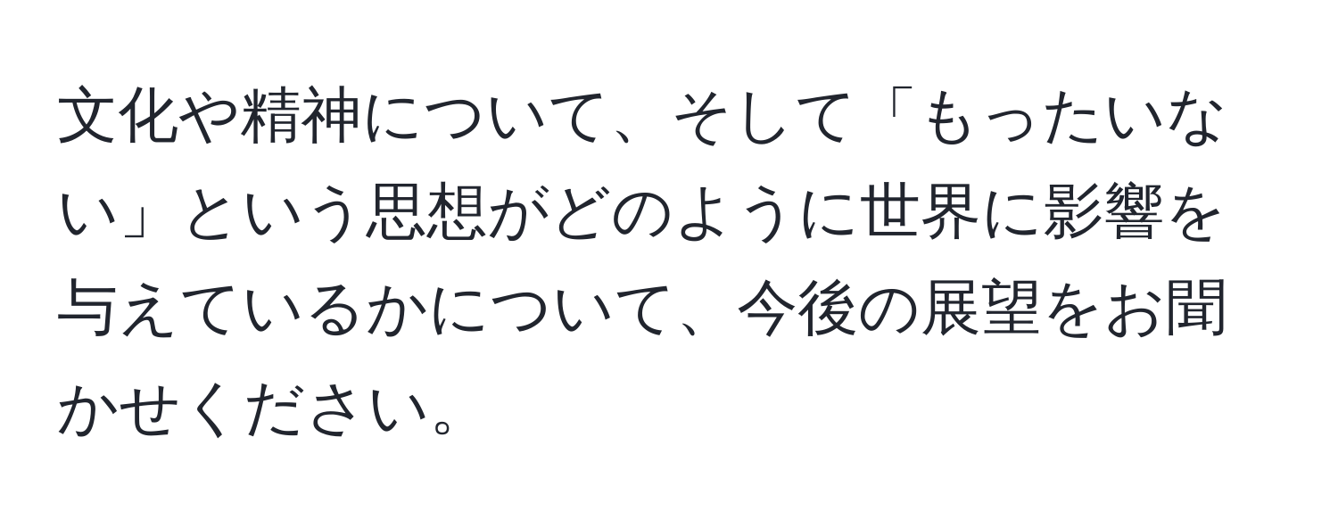 文化や精神について、そして「もったいない」という思想がどのように世界に影響を与えているかについて、今後の展望をお聞かせください。