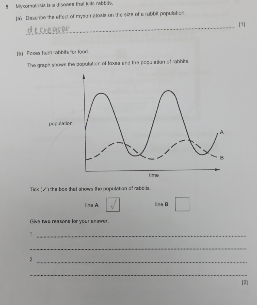 Myxomatosis is a disease that kills rabbits. 
(a) Describe the effect of myxomatosis on the size of a rabbit population. 
_ 
[1] 
(b) Foxes hunt rabbits for food. 
The graph shows the population of foxes and the population of rabbits. 
Tick (✓) the box that shows the population of rabbits. 
line A line B □ 
Give two reasons for your answer. 
_1 
_ 
_2 
_ 
[2]