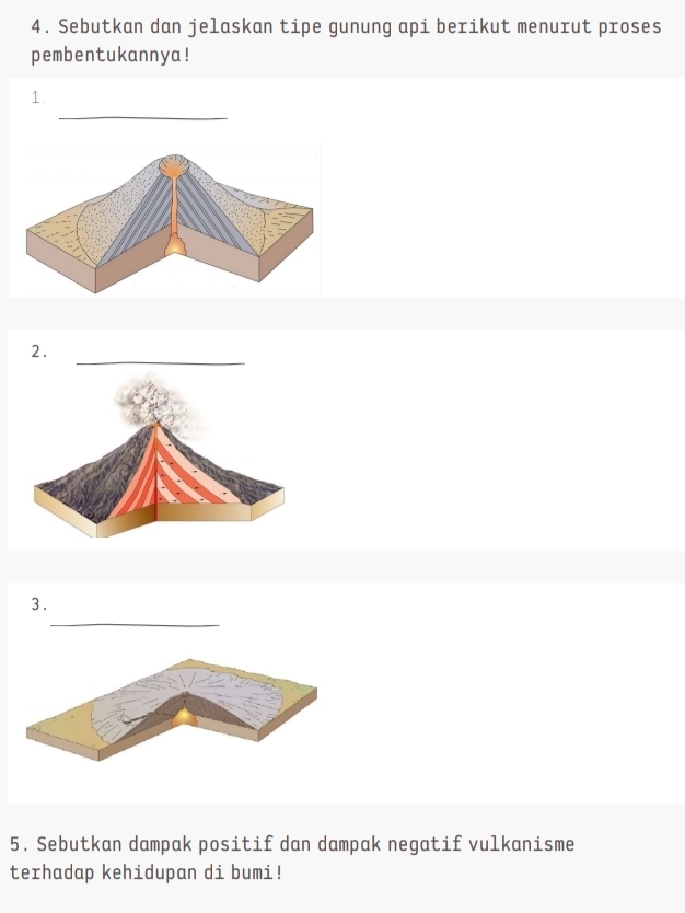 Sebutkan dan jelaskan tipe gunung api berikut menurut proses 
pembentukannya! 
_ 
1. 
_ 
2. 
_ 
3. 
5. Sebutkan dampak positif dan dampak negatif vulkanisme 
terhadap kehidupan di bumi!