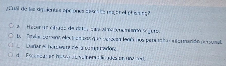 ¿Cuál de las siguientes opciones describe mejor el phíshíng?
a. Hacer un cifrado de datos para almacenamiento seguro.
b. Enviar correos electrónicos que parecen legítimos para robar información personal.
c. Dañar el hardware de la computadora.
d. Escanear en busca de vulnerabilidades en una red.