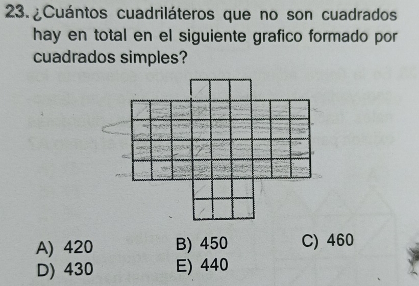 ¿Cuántos cuadriláteros que no son cuadrados
hay en total en el siguiente grafico formado por
cuadrados simples?
A) 420 B) 450 C) 460
D) 430 E) 440