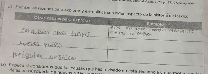 Uddmcia, Editorial Norma, 1973, pp. 271-272 (adaptación). 
a) Escribe las razones para explorar 
brevisado en esta secuencia y que motivaro 
viajes en búsqueda de nuevas rutas co