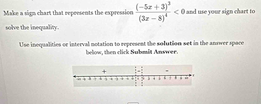 Make a sign chart that represents the expression frac (-5x+3)^3(3x-8)^4<0</tex> and use your sign chart to 
solve the inequality. 
Use inequalities or interval notation to represent the solution set in the answer space 
below, then click Submit Answer.