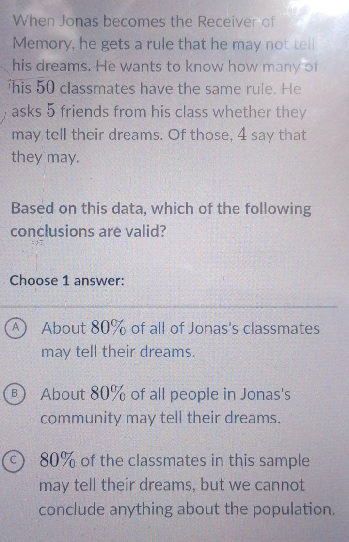 When Jonas becomes the Receiver of
Memory, he gets a rule that he may not tell
his dreams. He wants to know how many of
his 50 classmates have the same rule. He
asks 5 friends from his class whether they
may tell their dreams. Of those, 4 say that
they may.
Based on this data, which of the following
conclusions are valid?
Choose 1 answer:
A About 80% of all of Jonas's classmates
may tell their dreams.
B) About 80% of all people in Jonas's
community may tell their dreams.
c) 80% of the classmates in this sample
may tell their dreams, but we cannot
conclude anything about the population.