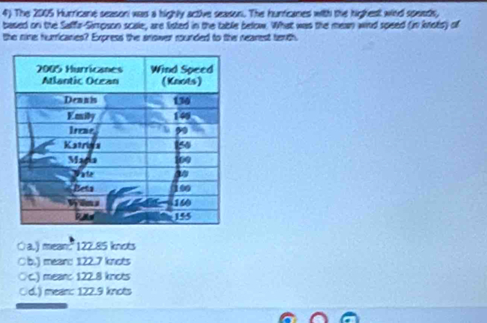 The 2005 Hurricane season was a highty active season. The hurficanes with the highest wind speads,
based on the Saffa-Simpson scale, are listed in the table below. What was the mean wind speed (in knots) of
the nine humicares? Express the anower rounded to the nearest tenth
C a.) mean: 122.85 knots
○b.) mean: 122.7 knots
○c.) meanc 122.8 kricts
Cid.)) mean: 122.9 knots