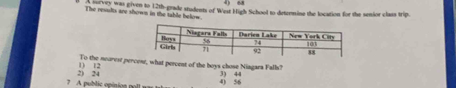 4) 68
survey was given to 12th -grade students of West High School to determine the location for the senior class trip.
The results are shown in the table below.
To the nearest percent, what percent of the boys chose Niagara Falls?
1) 12
2) 24 3) 44
7 A public opinion poll w 4) 56