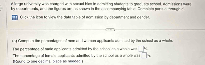 A large university was charged with sexual bias in admitting students to graduate school. Admissions were 
by departments, and the figures are as shown in the accompanying table. Complete parts a through d. 
Click the icon to view the data table of admission by department and gender. 
(a) Compute the percentages of men and women applicants admitted by the school as a whole. 
The percentage of male applicants admitted by the school as a whole was □ %. 
The percentage of female applicants admitted by the school as a whole was □ % , 
(Round to one decimal place as needed.)