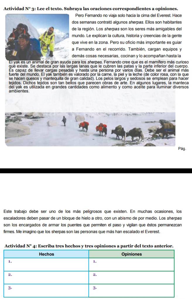 Actividad N° 3: Lee el texto. Subraya las oraciones correspondientes a opiniones.
Pero Fernando no viaja solo hacia la cima del Everest. Hace
os semanas contrató algunos sherpas. Ellos son habitantes
e la región. Los sherpas son los seres más amigables del
undo. Le explican la cultura, historia y creencias de la gente
ue vive en la zona. Pero su oficio más importante es guiar
Fernando en el recorrido. También, cargan equipos y
emás cosas necesarias, cocinan y lo acompañan hasta la
El yak es un animal de gran ayuda para los sherpas. Fernando cree que es el mamífero más curioso
que existe. Se destaca por las largas lanas que le cubren las patas y la parte inferior del cuerpo.
Es capaz de llevar cargas pesadas y hasta una persona por varios días. Debe ser el animal más
fuerte del mundo. El yak también es valorado por la came, la piel y la leche (de color rosa, con la que
se hacen quesos y mantequilla de gran calidad). Los pelos largos y sedosos se emplean para hacer
tejidos. Dichos tejidos son tan bellos que parecen obras de arte. En algunos lugares, la manteca
del yak es utilizada en grandes cantidades como alimento y como aceite para iluminar diversos
ambientes.
Pág.
Este trabajo debe ser uno de los más peligrosos que existen. En muchas ocasiones, los
escaladores deben pasar de un bloque de hielo a otro, con un abismo de por medio. Los sherpas
son los encargados de armar los puentes que permiten el paso y vigilan que éstos permanezcan
firmes. Me imagino que los sherpas son las personas que más han escalado el Everest.
Actividad N° 4 4: Escriba tres hechos y tres opiniones a partir del texto anterior.