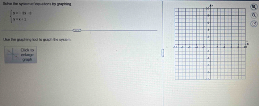 Solve the system of equations by graphing. 
Q
beginarrayl y=-3x-3 y=x+1endarray.
Q 
Use the graphing tool to graph the system. 
Click to 
enlarge 
graph