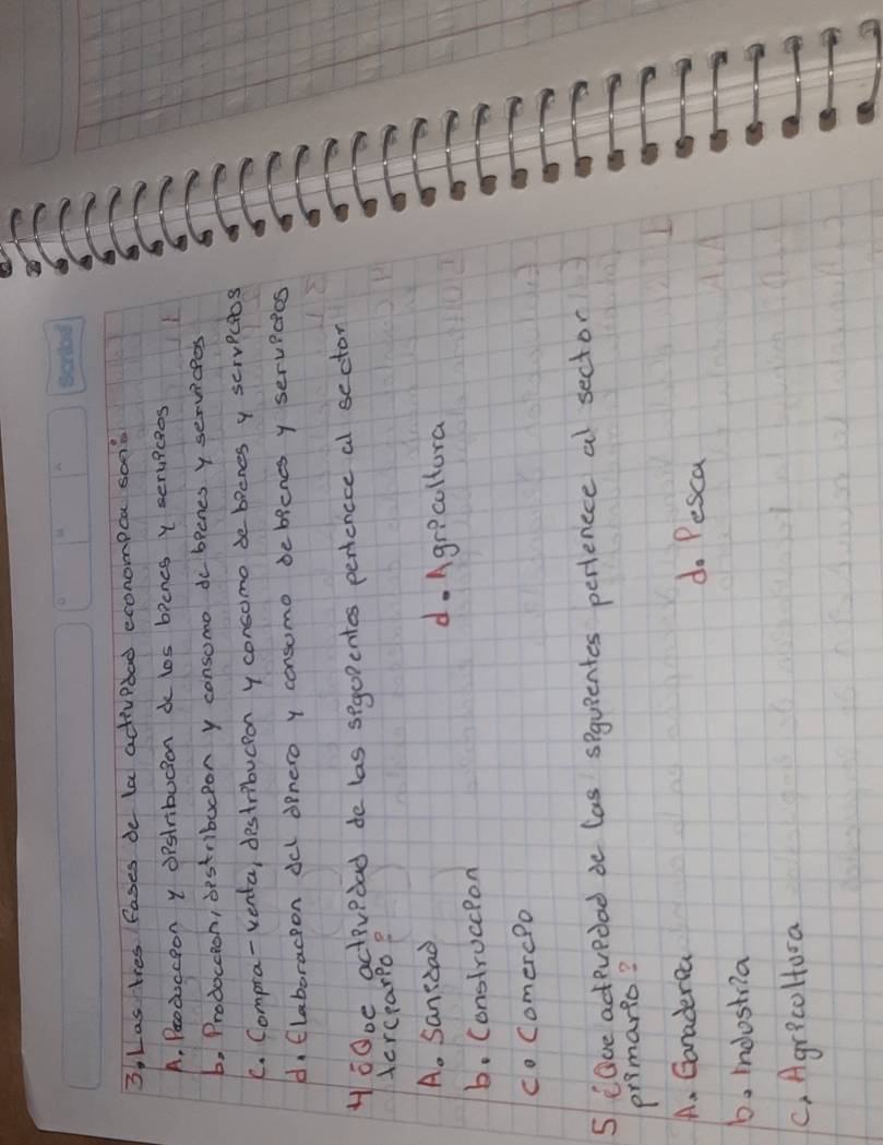 3, Las tres fases de la actividad econompca so0e
A, Prodoccoon y Opstribucion d los bienes Y seruicies
b, Prodoccioh, destribucpon y consomo do beones y servicees
C. Compra-venta, destribucaon y consomo de becnes y scrvRcios
d, (laboracton del opnero y consumo debicnes y servPcios
HoOoe actividad de las segopentes pertencce al sector
dercearpo?
A. Sanszad
d. Agrecultora
b. Construcepon
c ComercPo
5 lOve adtivedad de las sequientes perfenece al sector
primario?
A. Ganaderea d. Pesca
b. indostria
C. Agrico Htosa