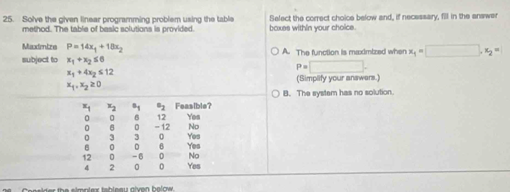 Solve the given linear programming problern using the table Select the correct choice below and, if necessary, fill in the answer
method. The table of basic solutions is provided. boxes within your choice.
Maximize P=14x_1+18x_2
A. The function is maximized when x_1=□ , x_2=
subject to x_1+x_2≤ 6
x_1+4x_2≤ 12
P=□. 
(Simplify your answers.)
x_1,x_2≥ 0
B. The system has no solution.
14 x_2 s_1 e_2 Feasible?
0 0 6 12 Yes
0 6 0 - 12 No
0 3 3 0 Yes
0 0 6 Yes
12 0 -6 0 No
4 2 0 0 Yes
Consider the simplex tableau glven below.