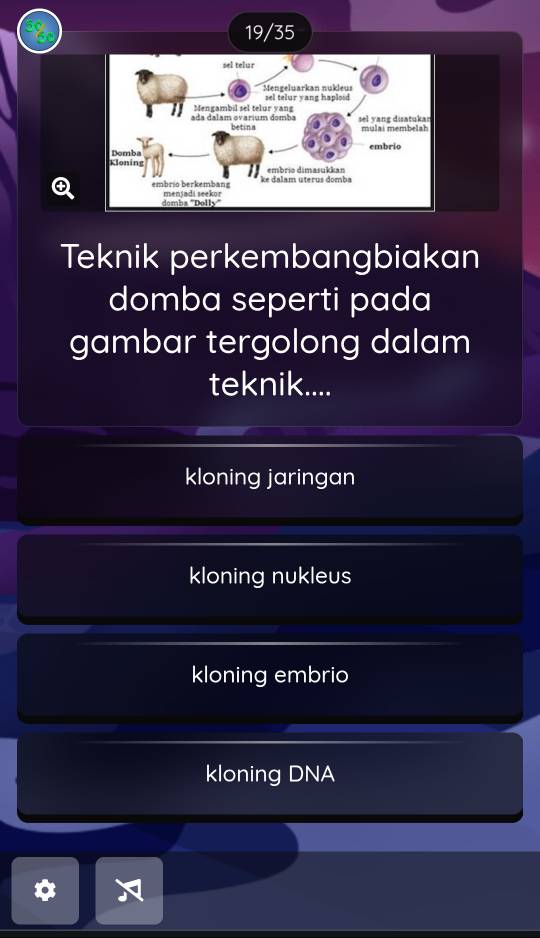 19/35
④
Teknik perkembangbiakan
domba seperti pada
gambar tergolong dalam
teknik....
kloning jaringan
kloning nukleus
kloning embrio
kloning DNA