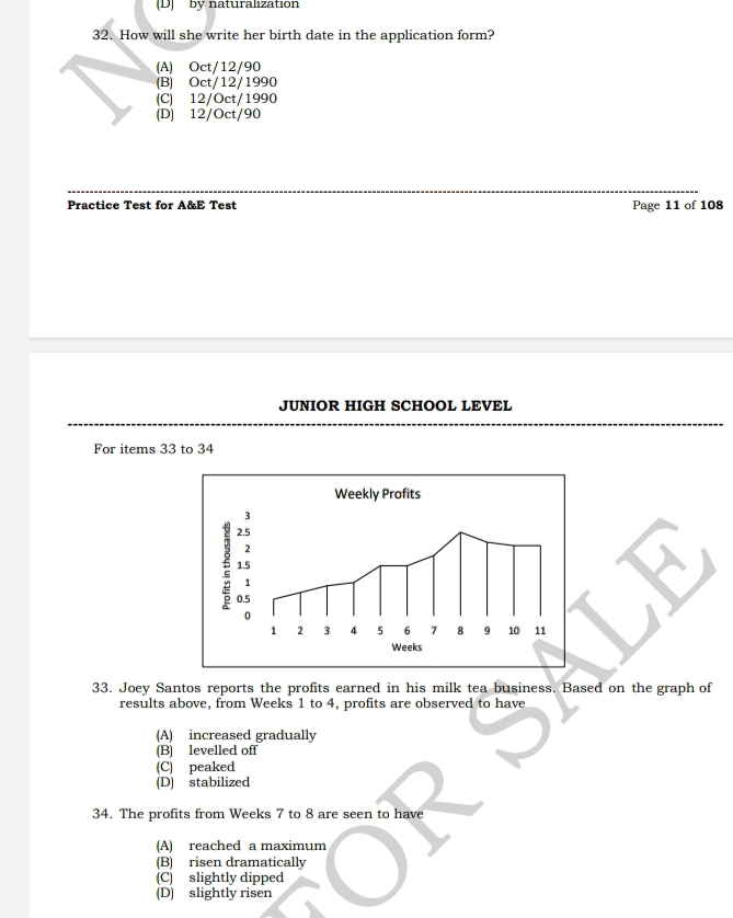 by naturalization
32. How will she write her birth date in the application form?
(A) Oct/12/90
(B) Oct/12/1990
(C) 12/Oct/1990
(D) 12/Oct/90
Practice Test for A&E Test Page 11 of 108
JUNIOR HIGH SCHOOL LEVEL
For items 33 to 34
33. Joey Santos reports the profits earned in his milk tea business. Based on the graph of
results above, from Weeks 1 to 4, profits are observed to have
(A) increased gradually
(B) levelled off
(C) peaked
(D) stabilized
34. The profits from Weeks 7 to 8 are seen to have
(A) reached a maximum
(B) risen dramatically
(C) slightly dipped
(D) slightly risen