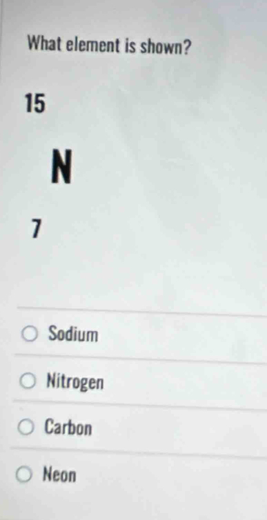 What element is shown?
15
N
1
Sodium
Nitrogen
Carbon
Neon