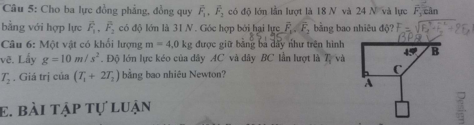 Cho ba lực đồng phẳng, đồng quy vector F_1, vector F_2 có độ lớn lần lượt là 18 N và 24 N và lực F_3xan
bằng với hợp lực vector F_1, vector F_2 có độ lớn là 31 N. Góc hợp bởi hai lực vector F_1, vector F_2 bằng bao nhiêu độ? 
Câu 6: Một vật có khối lượng m=4, 0kg được giữ bằng ba dãy như trên hình 
vẽ. Lấy g=10m/s^2. Độ lớn lực kéo của dây AC và dây BC lần lượt là T_1 và
T_2. Giá trị của (T_1+2T_2) bằng bao nhiêu Newton? 
E. bài tập tự luận