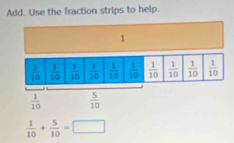 Add. Use the fraction strips to help.
1
 1/10   5/10 
 1/10 + 5/10 =□