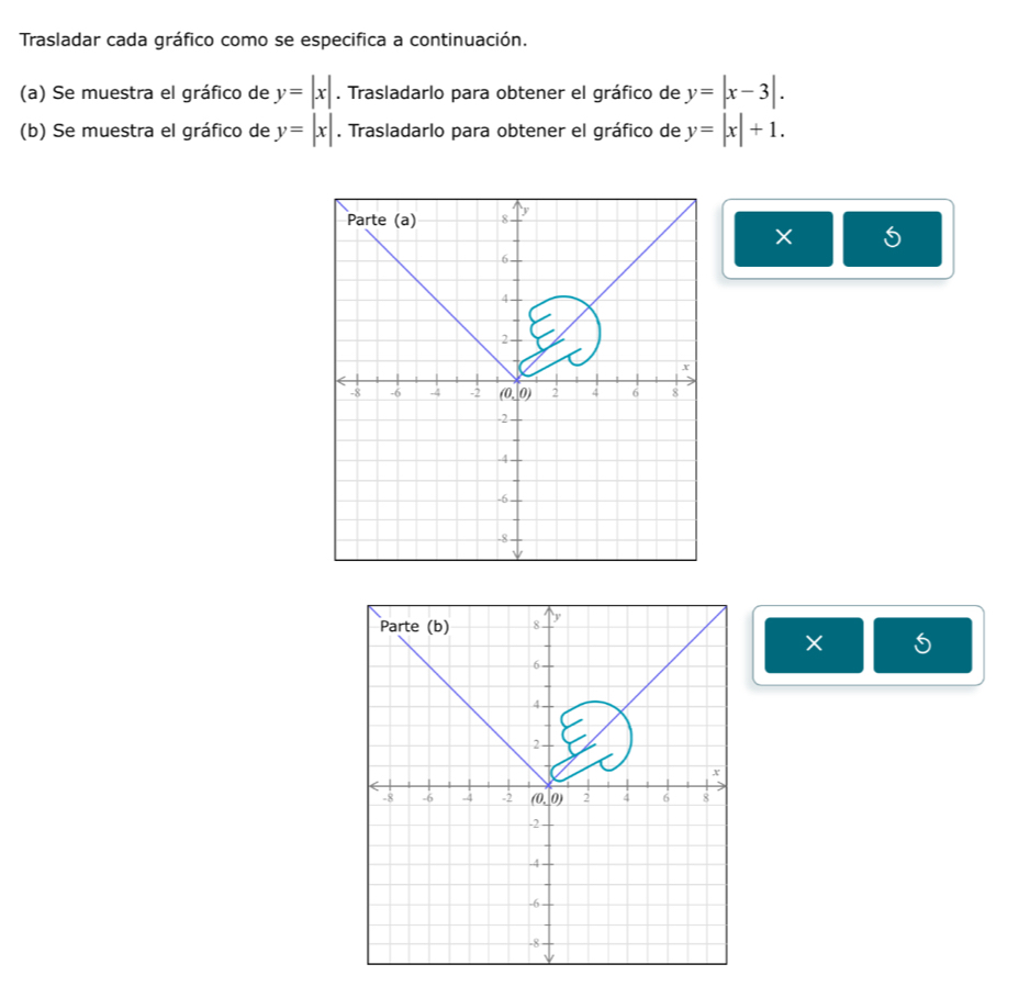 Trasladar cada gráfico como se especifica a continuación.
(a) Se muestra el gráfico de y=|x|. Trasladarlo para obtener el gráfico de y=|x-3|.
(b) Se muestra el gráfico de y=|x|. Trasladarlo para obtener el gráfico de y=|x|+1.
5
5