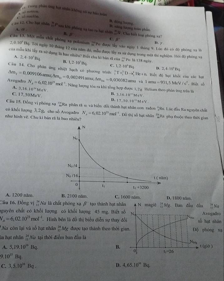 Trong phân ứng hạt nhân không có sự báo toàn
số notron
e. só nución
B. động lượng
D. năng lượng toàn phần.
A. a 、
Cầu 12. Cho hạt nhân  30/11  P sau khi phống xạ tạo ra hạt nhân _(14)^(30)Si Cho biết loại phóng xạ?
B. β
C. beta^(·).
D. γ
Cău 13. Một mẫu chất phóng xạ polonium  230/84  Po được lấy vào ngày 1 tháng 9. Lúc đó có độ phóng xạ là
2,0.10^6 13 4. Tới ngày 10 tháng 12 của năm đô, mẫu được lấy ra sử dụng trong một thi nghiệm. Hồi độ phóng xạ
của mẫu khi lấy ra sử dụng là bao nhiêu? Biết chu ki bán rã của beginarrayr 210 84endarray Po là 138 ngày.
A. 2,4· 10^5Bq. B. 1,2· 10^5Bq. C. 1,2· 10^6Bq. 2,4· 10^6Bq.
D.
Câu 14. Cho phân ứng nhiệt hạch có phương trình: _1^(3T+_1^2Dto _2^4He+n. Biết độ hụt khối của các hạt
△ m_1)=0,009106 mu: △ m_D=0,002491amu; △ m_ik=0,030382amu và 1amu=931,5MeV/c^2. Biết số
Avogađro N_A=6,02.10^(23)mol^(-1). Năng lượng tỏa ra khi tổng hợp được 1,2g Helium theo phản ứng trên là
A. 3,16.10^(24)MeV.
C. 17,50MeV.
B. 3,16.10^(11)MeV.
D. 17,50.10^(23)MeV.
Câu 15. Đồng vị phóng xạ _(Rs)^(236)R a phân rã α và biến đổi thành hạt nhân con rađon _2^(ARn Lúc đầu Ra nguyên chất
có khối lượng 3,2g, cho số Avogadro N_A)=6,02.10^(23)mol^(-1). Đồ thị số hạt nhân  236/83  Ra phụ thuộc theo thời gian  30/15 
như hình vẽ. Chu kì bán rã là bao nhiêu?
A. 1200 năm. B. 2100 năm. C. 1600 năm. D. 1800 năm.
Câu 16. Đồng vị ' Na là chất phóng xạ β~ tạo thành hạt nhân N magiê _(12)^(24)Mg Ban đầu đầu beginarrayr 24 11endarray Na
nguyên chất có khối lượng có khối lượng 45 mg. Biết số No Avogadro
N_Na
V_A=6,02.10^(23)mol^(-1).  Hình bên là đồ thị biểu diễn sự thay đổi số hạt nhãn
Na còn lại và số hạt nhân _(12)^(24)Mg được tạo thành theo thời gian. Độ phóng xạ
ủa hạt nhân _(11)^(24)Na tại thời điểm ban đầu là
N_Ms
A. 5,19.10^(16)Bq. B. t (giờ )
0 t_1=26
9. 10^(15)Bq.
C. 3,5.10^(16)Bq. D. 4,65.10^(16)Bq.