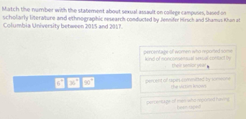 Match the number with the statement about sexual assault on college campuses, based on 
scholarly literature and ethnographic research conducted by Jennifer Hirsch and Shamus Khan at 
Columbia University between 2015 and 2017. 
percentage of women who reported some 
kind of nonconsensual sexual contact by 
their senior year
6° 36° 90° percent of rapes committed by someone the victim knows 
percentage of men who reported having been raped