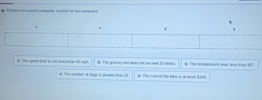 Choose the correct inequality symbol for the statement.
s
2
: The speed limit is not more than 40 mph. :: The grocery list does not exceed 15 items. :: The temperature was less than 80°
:: The number of dogs is greater than 20. :: The cost of the bike is at least $100.