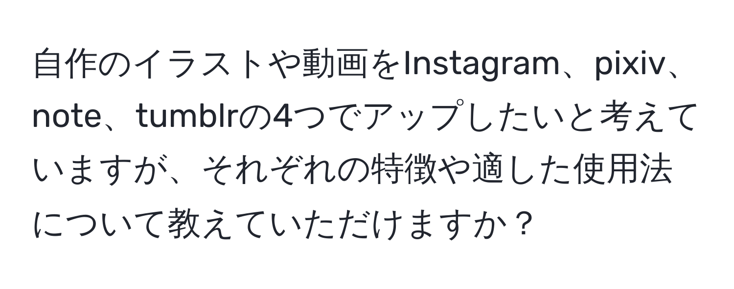 自作のイラストや動画をInstagram、pixiv、note、tumblrの4つでアップしたいと考えていますが、それぞれの特徴や適した使用法について教えていただけますか？