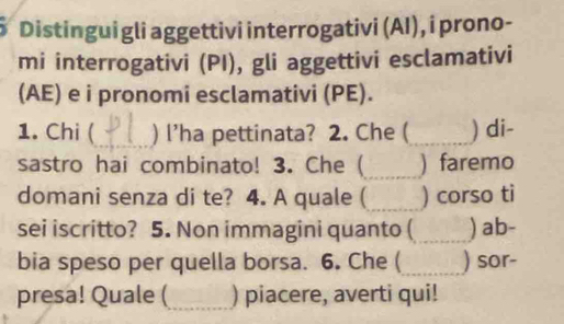 Distingui gli aggettivi interrogativi (AI), i prono- 
mi interrogativi (PI), gli aggettivi esclamativi 
(AE) e i pronomi esclamativi (PE). 
1. Chi (_ ) l’ha pettinata? 2. Che ( _) di- 
_ 
sastro hai combinato! 3. Che ( ) faremo 
domani senza di te? 4. A quale ( _) corso ti 
sei iscritto? 5. Non immagini quanto (_ ) ab- 
bia speso per quella borsa. 6. Che (_ ) sor- 
presa! Quale (_ ) piacere, averti qui!