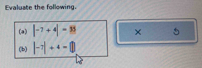 Evaluate the following. 
(a) |-7+4|=35
× 
(b) |-7|+4=□