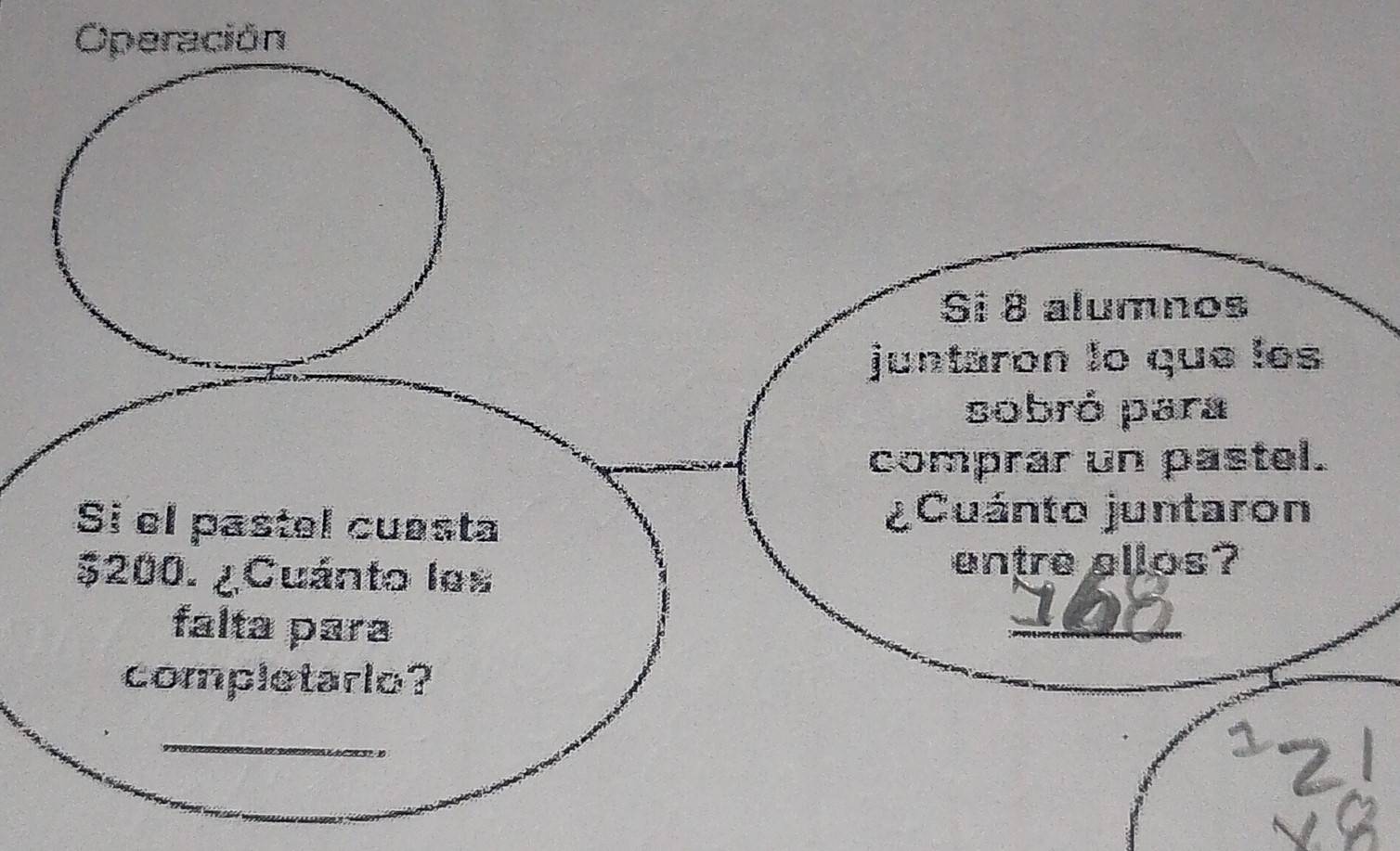 Operación 
Si 8 alumnos 
juntaron lo que les 
sobró para 
comprar un pastel. 
Si el pastel cuesta 
¿Cuánto juntaron
$200. ¿Cuánto les entre allos? 
falta para 
_ 
completario? 
_